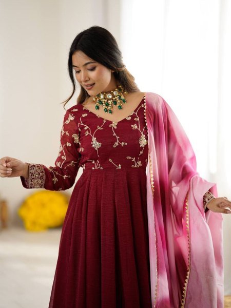 Heavy Crunchy Silk Embroidered Gown with Palazzo and Dupatta Ready to Wear Festival Outfit 