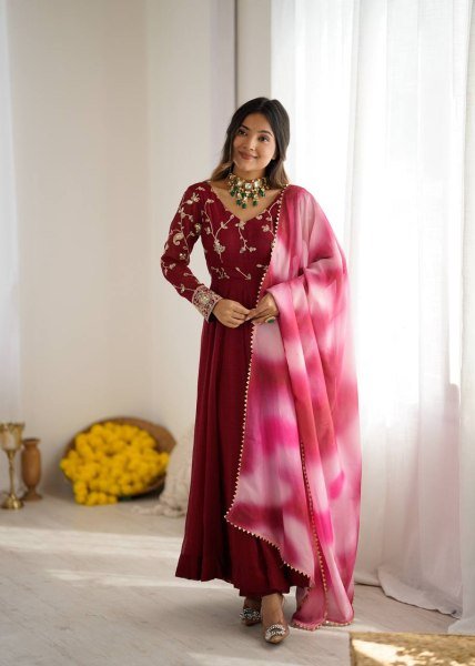 Heavy Crunchy Silk Embroidered Gown with Palazzo and Dupatta Ready to Wear Festival Outfit Anarkali Kurtis 