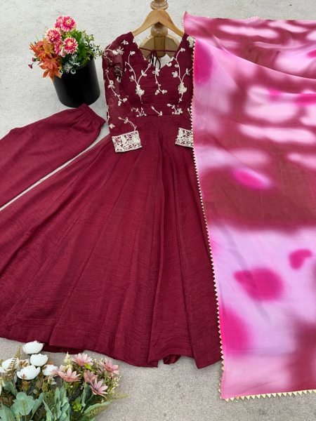 Heavy Crunchy Silk Embroidered Gown with Palazzo and Dupatta Ready to Wear Festival Outfit Anarkali Kurtis 