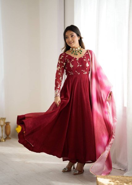 Heavy Crunchy Silk Embroidered Gown with Palazzo and Dupatta Ready to Wear Festival Outfit Anarkali Kurtis 