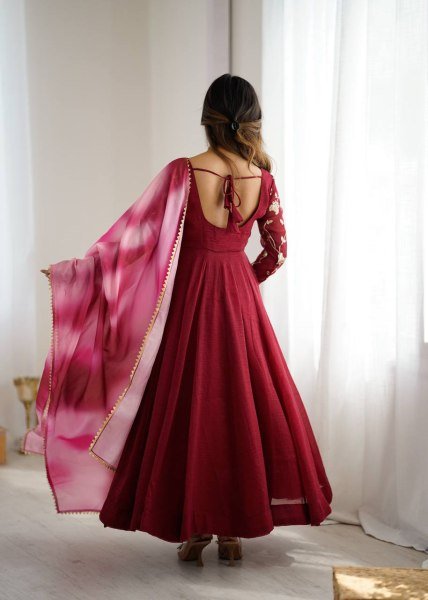 Heavy Crunchy Silk Embroidered Gown with Palazzo and Dupatta Ready to Wear Festival Outfit Anarkali Kurtis 