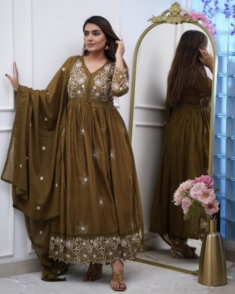 Heavy Embroidered Cotton Silk Gown Set with Chikan Lace Dupatta Ready to Wear Anarkali Collection Manufacturer in Surat Anarkali Kurtis 