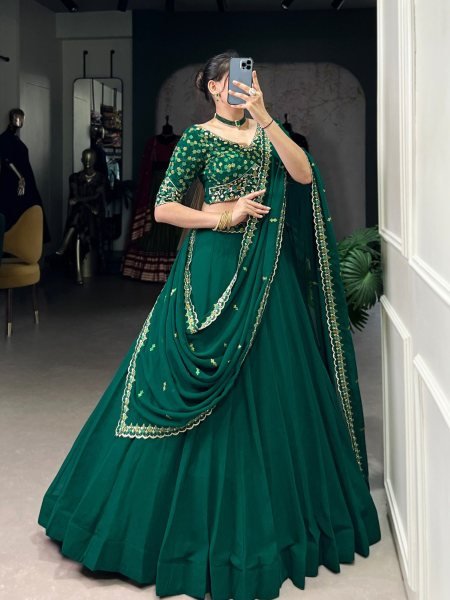 Heavy Embroidered Green Georgette Lehenga Choli with Dupatta Wedding Wear Best Seller from Surat Manufacturer 
