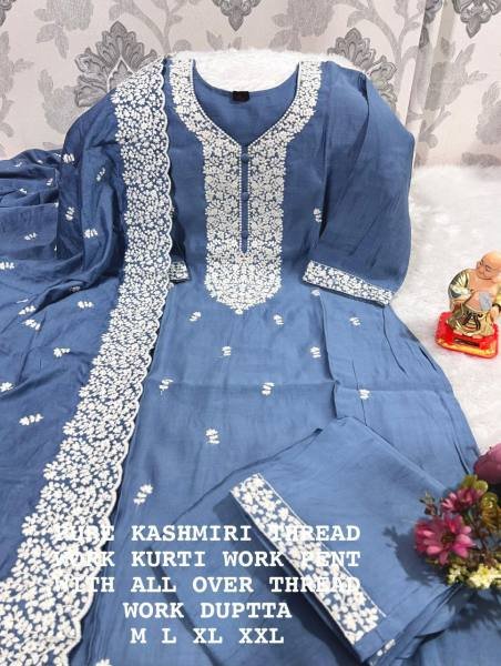Heavy Embroidered Muslin Kurti Set with Pants and Dupatta for Women Embroidery Kurtis 