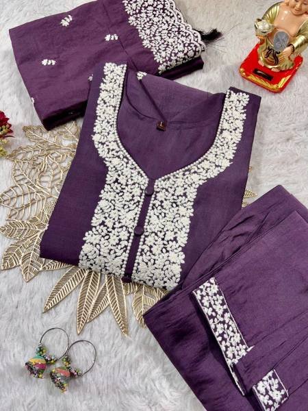 Heavy Embroidered Muslin Kurti Set with Pants and Dupatta for Women Embroidery Kurtis 