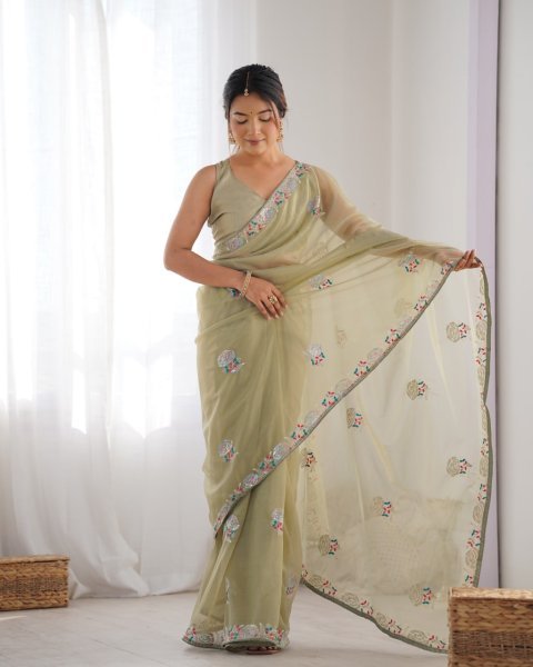 Heavy Embroidered Net Saree with Sequence & Thread Work Party Wear Collection with Blouse for Resellers Embroidery Sarees Wholesale
