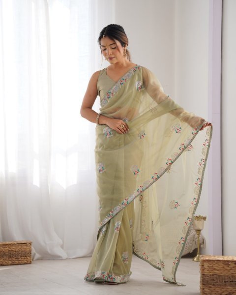 Heavy Embroidered Net Saree with Sequence & Thread Work Party Wear Collection with Blouse for Resellers Embroidery Sarees Wholesale