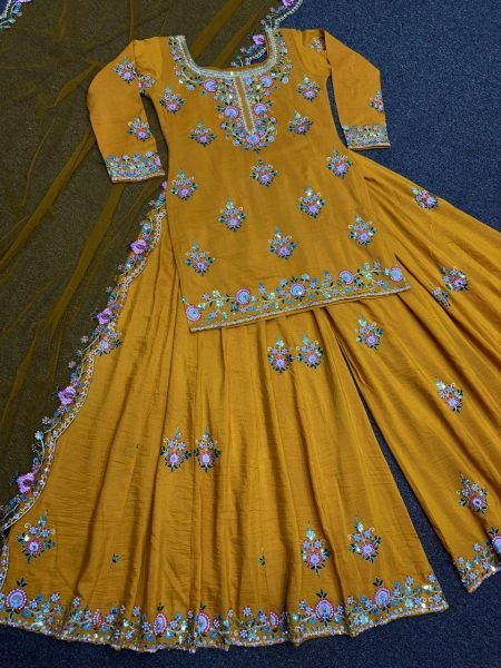 Heavy Embroidered With Sequence Work Silk Plazzo Suits  Ready To Wear Collection