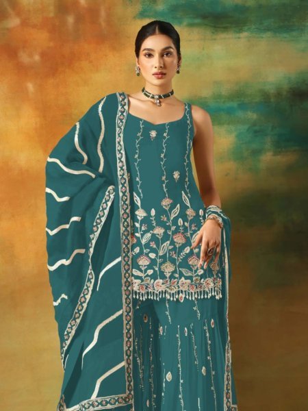 Heavy Embroidered Work Georgette Sharara Suit In Firozi For Women Designer Plazzo Salwar Suits Wholesale