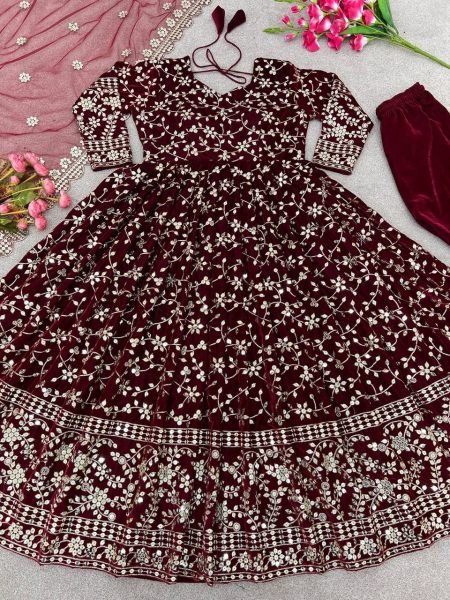 Designer Velvet Embroidery Sequence Work Gown Pant With Dupatta  Ready To Wear Collection