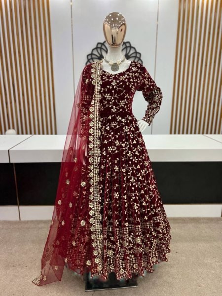 Designer Velvet Embroidery Sequence Work Gown Pant With Dupatta  Ready To Wear Collection