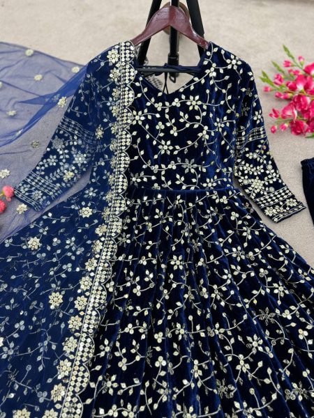 Designer Velvet Embroidery Sequence Work Gown Pant With Dupatta  Ready To Wear Collection
