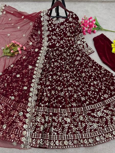Designer Velvet Embroidery Sequence Work Gown Pant With Dupatta  Ready To Wear Collection