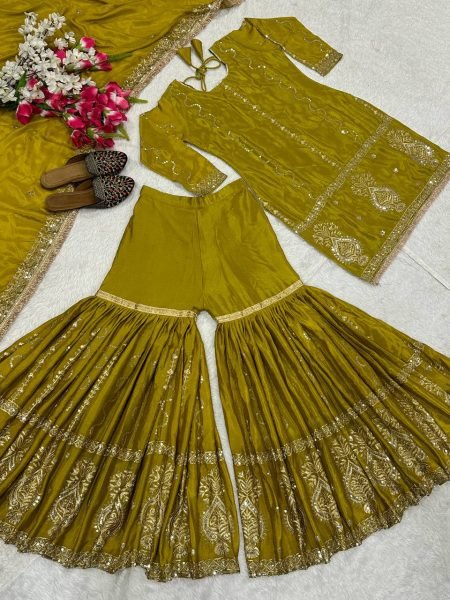 Heavy Embroidery Sharara Set Yellow Designer Wear for Celebrations Ready-to-Wear Wholesale Range Ready To Wear Collection
