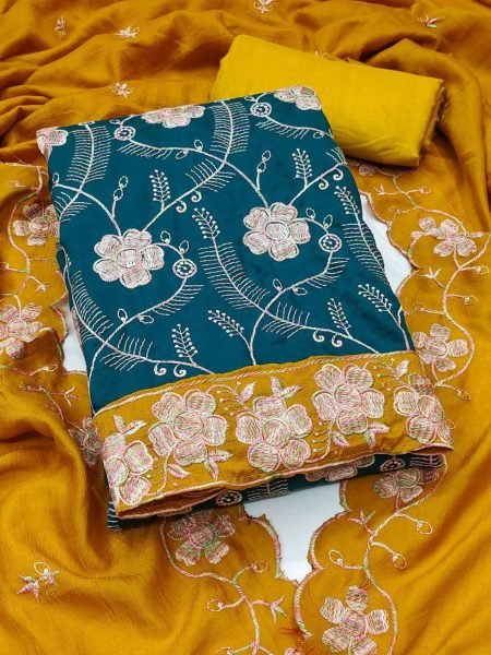 Heavy Embroidery Vichitra Suit Material Set Festive Indian Wear for Women 