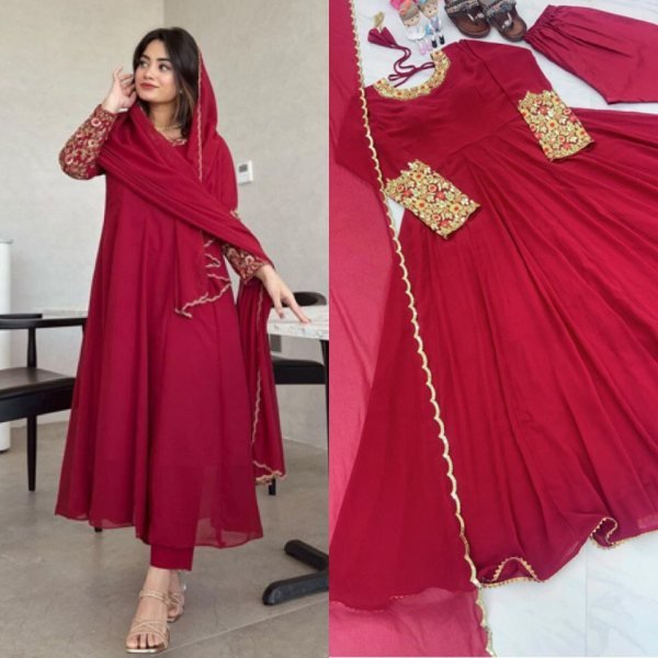 Heavy Faux Georgette Embroidery Anarkali Gown Pant   Dupatta Ready To Wear Collection