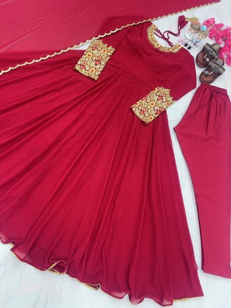 Heavy Faux Georgette Embroidery Anarkali Gown Pant   Dupatta Ready To Wear Collection