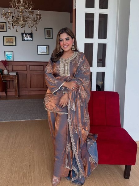 Two Tone Brown Fendy Silk Embroidered Suit with Pant and Dupatta Festive Celebration Wear  Ready To Wear Collection