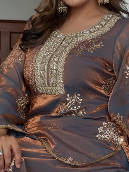 Two Tone Brown Fendy Silk Embroidered Suit with Pant and Dupatta Festive Celebration Wear  Ready To Wear Collection