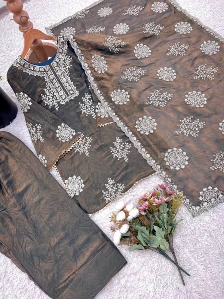 Two Tone Brown Fendy Silk Embroidered Suit with Pant and Dupatta Festive Celebration Wear  Ready To Wear Collection