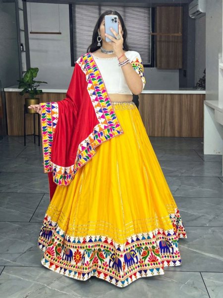 Heavy Gamthi Work Fully Stitched Navratri Lehenga Choli  Navratri Lehnega Choli