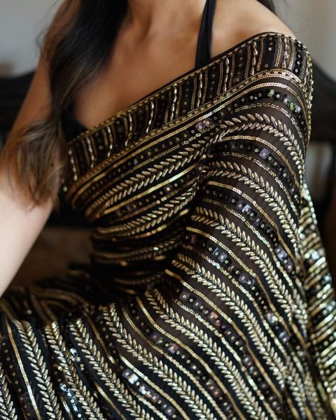 Luxury Heavy Embroidered Georgette Saree for Party   Function Wear Sequin Work with Contrast Mono Silk Designer Blouse Georgette Sarees Wholesale