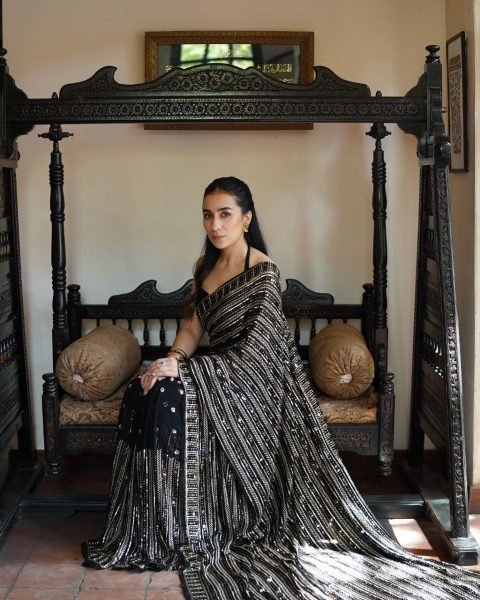 Luxury Heavy Embroidered Georgette Saree for Party   Function Wear Sequin Work with Contrast Mono Silk Designer Blouse Georgette Sarees Wholesale