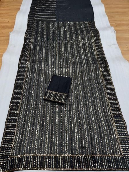 Luxury Heavy Embroidered Georgette Saree for Party   Function Wear Sequin Work with Contrast Mono Silk Designer Blouse Georgette Sarees Wholesale