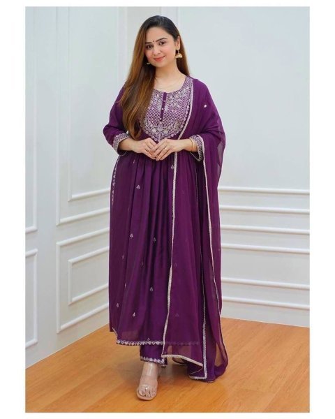 Heavy Georgette Embroidery Nayra Cut Kurti Set  Ready To Wear Collection