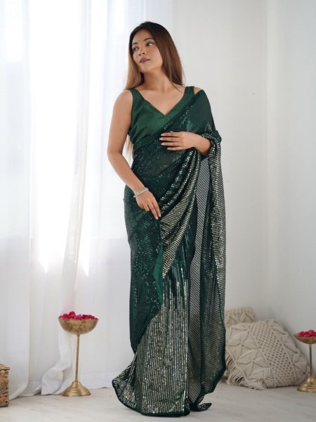 Heavy Georgette Sequin & Embroidery Sarees Womens Party Wear Affordable New Collection