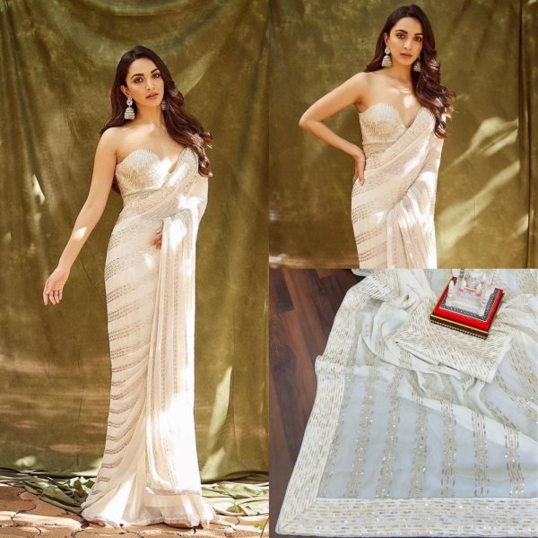 Heavy Georgette Trending Embroidered Zari   Sequins Work Saree Inspired By Kiara Advani Bollywood Fancy Sarees Wholesale