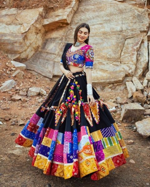 Heavy Muslin Cotton Printed Navratri Lehenga Choli With Mirror Work  Navratri Lehnega Choli
