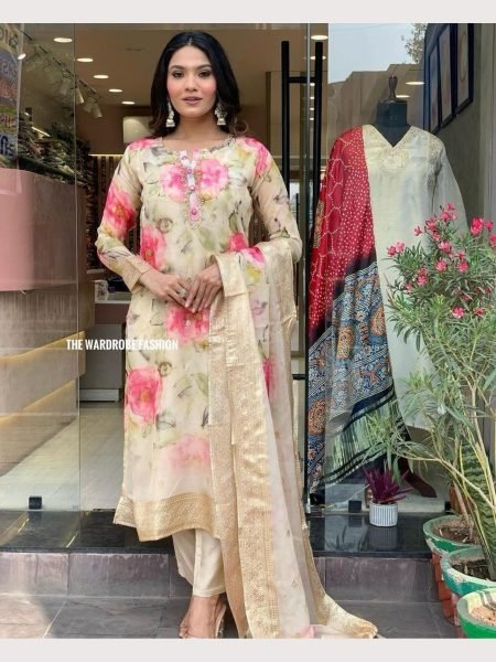  Heavy Organza With Embroidery Neck Kurti Pant With Dupatta  3 Piece Kurti Set