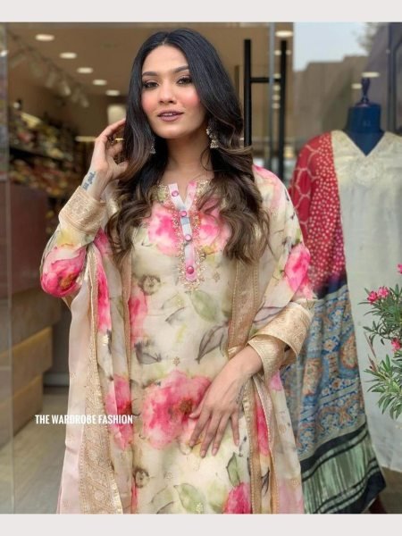  Heavy Organza With Embroidery Neck Kurti Pant With Dupatta  3 Piece Kurti Set