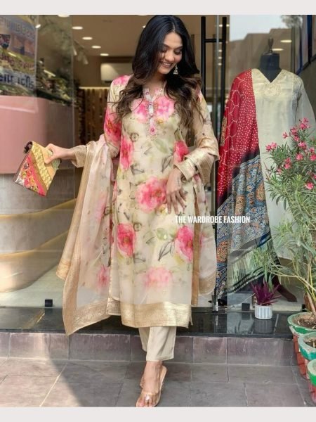 Heavy Organza With Embroidery Neck Kurti Pant With Dupatta  3 Piece Kurti Set