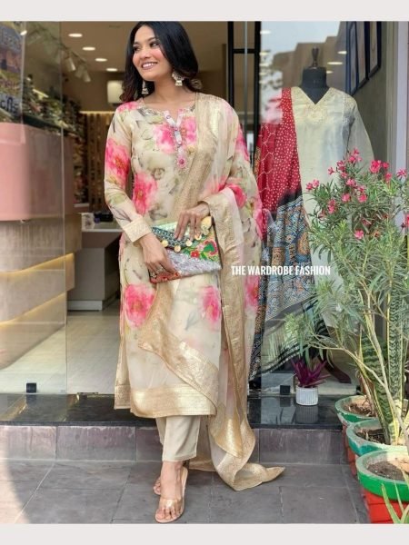  Heavy Organza With Embroidery Neck Kurti Pant With Dupatta  3 Piece Kurti Set