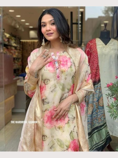  Heavy Organza With Embroidery Neck Kurti Pant With Dupatta  3 Piece Kurti Set