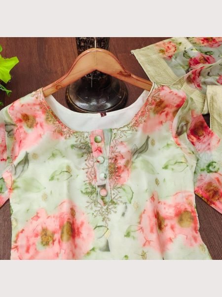  Heavy Organza With Embroidery Neck Kurti Pant With Dupatta  3 Piece Kurti Set
