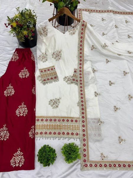 Heavy Pure Chinnon Silk Embroidered Suit Set with Dupatta White Colour Ready To Wear Collection