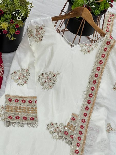 Heavy Pure Chinnon Silk Embroidered Suit Set with Dupatta White Colour Ready To Wear Collection