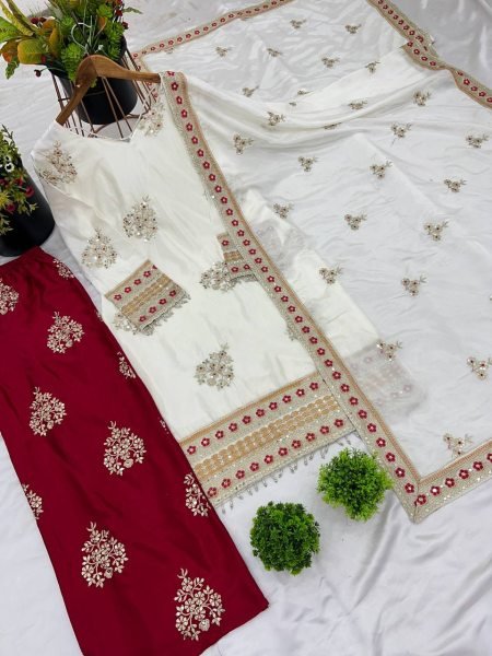 Heavy Pure Chinnon Silk Embroidered Suit Set with Dupatta White Colour Ready To Wear Collection