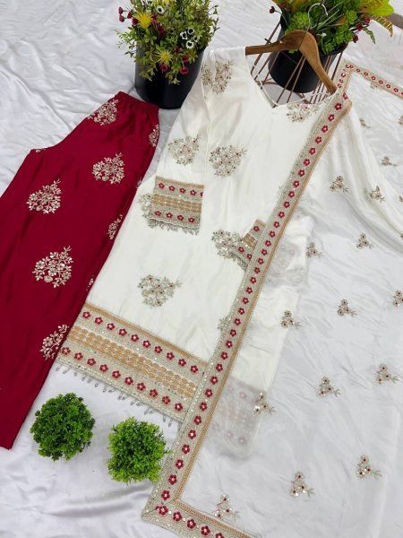 Heavy Pure Chinnon Silk Embroidered Suit Set with Dupatta White Colour Ready To Wear Collection