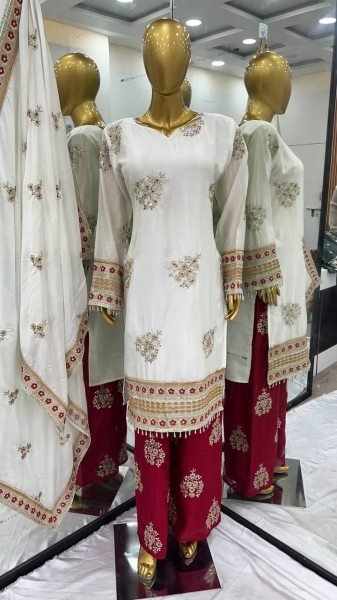 Heavy Pure Chinnon Silk Embroidered Suit Set with Dupatta White Colour Ready To Wear Collection