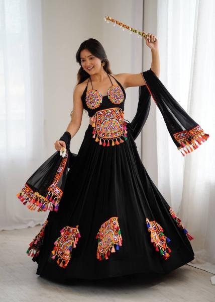 Heavy Rayon Black Color Fully Stitched Lehenga Choli with Real Mirror   Gamthi Work At Manufacturer Rate Navratri Lehnega Choli