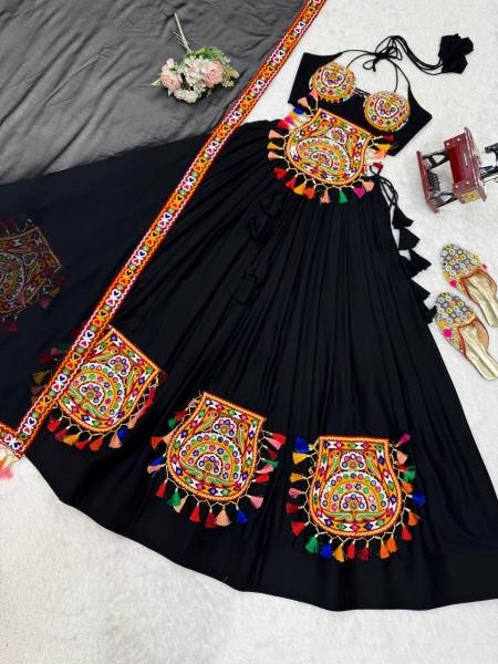 Heavy Rayon Black Color Fully Stitched Lehenga Choli with Real Mirror   Gamthi Work At Manufacturer Rate Navratri Lehnega Choli