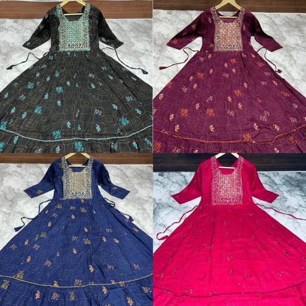 Heavy Rayon Multi Gold Print  Flair Gown Anarkali Kurtis 