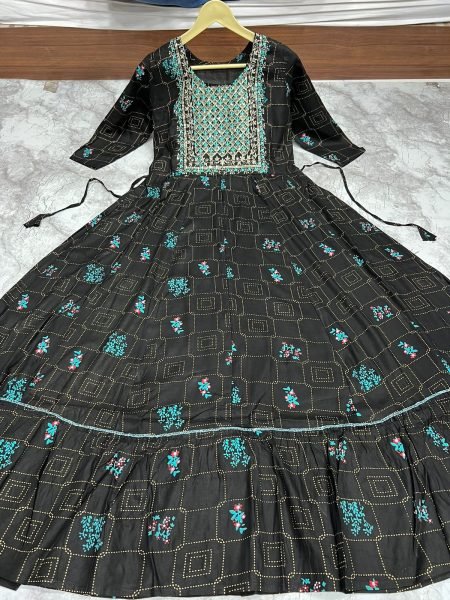 Heavy Rayon Multi Gold Print  Flair Gown Anarkali Kurtis 