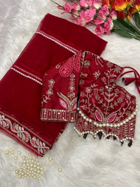 Heavy Red Color Net Saree With Diamond Work Dori And Sequance Work By Royal Export Net Sarees Wholesale