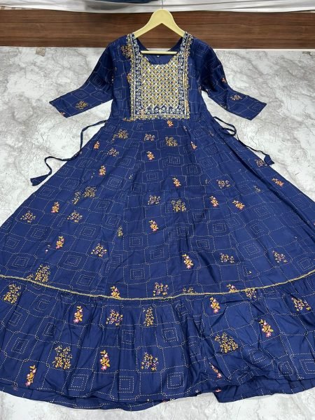 Heavy Reyon Multi Gold Print Embroidery work with Foil Print Flair Gown Embroidery Kurtis 