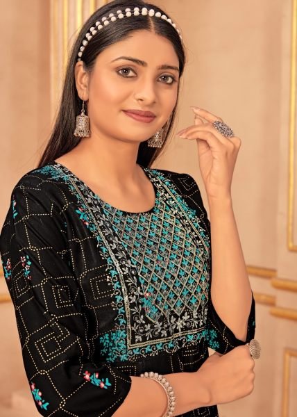 Heavy Reyon Multi Gold Print Embroidery work with Foil Print Flair Gown Embroidery Kurtis 